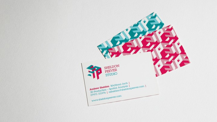  The Sheldon Peever Studio business cards with tessellated pattern in both brand colours.
